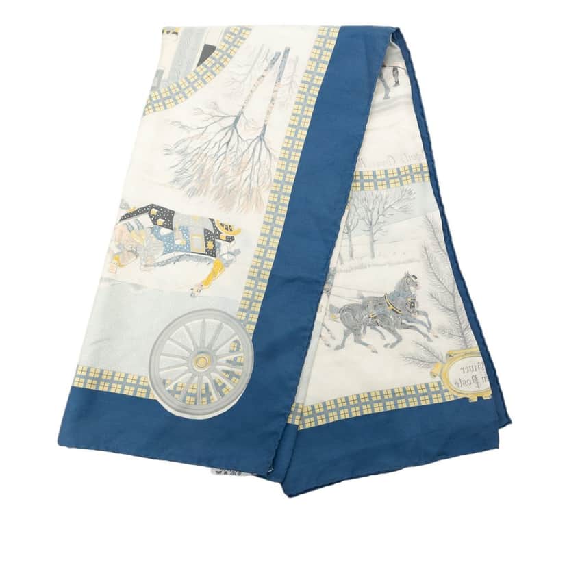 Hermès L Hiver en Poste Silk Scarf 90 Blue Very good condition - Front View