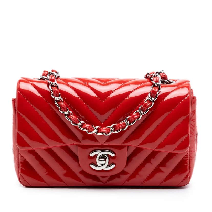 Chanel Mini Rectangular Classic Chevron Patent Single Flap Red Leather Very good condition - Front View