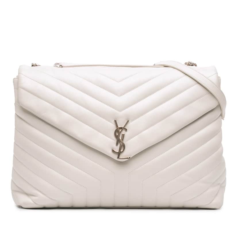Saint Laurent Large Matelasse Calfskin Monogram LouLou Shoulder Bag White Leather Very good condition - Front View