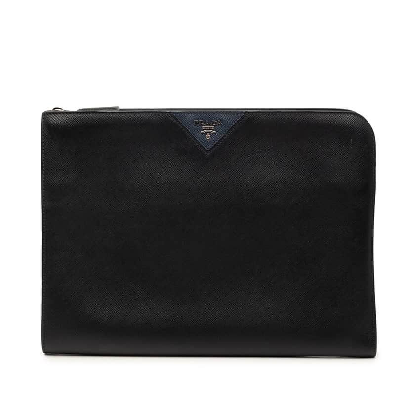 Prada Saffiano Zip Around Portfolio Black Leather Very good condition - Front View