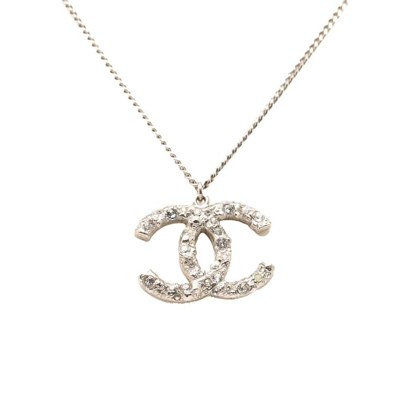 Chanel Silver Plated CC Rhinestone Pendant Necklace Silver Metal Never worn, with tag - Front View