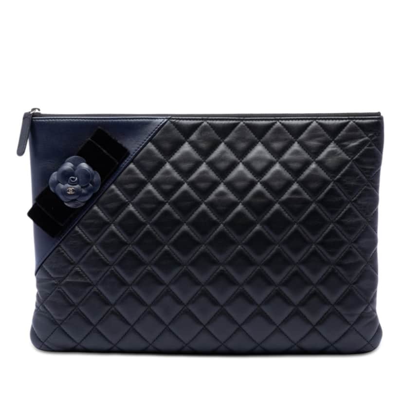 Chanel Large Quilted Lambskin Camellia O Case Clutch Black Leather Very good condition - Front View