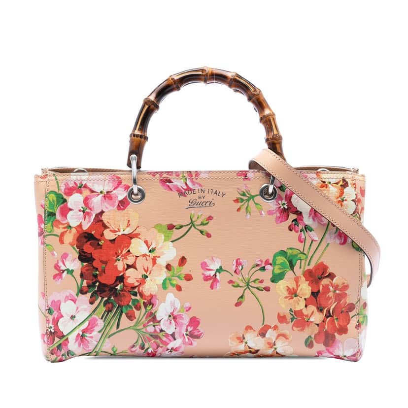 Gucci Medium Calfskin Blooms Bamboo Shopper Satchel Pink Leather Very good condition - Front View