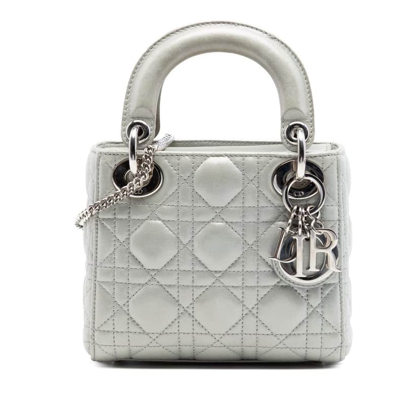 Dior Mini Iridescent Lambskin Cannage Lady Dior Silver Leather Very good condition - Front View