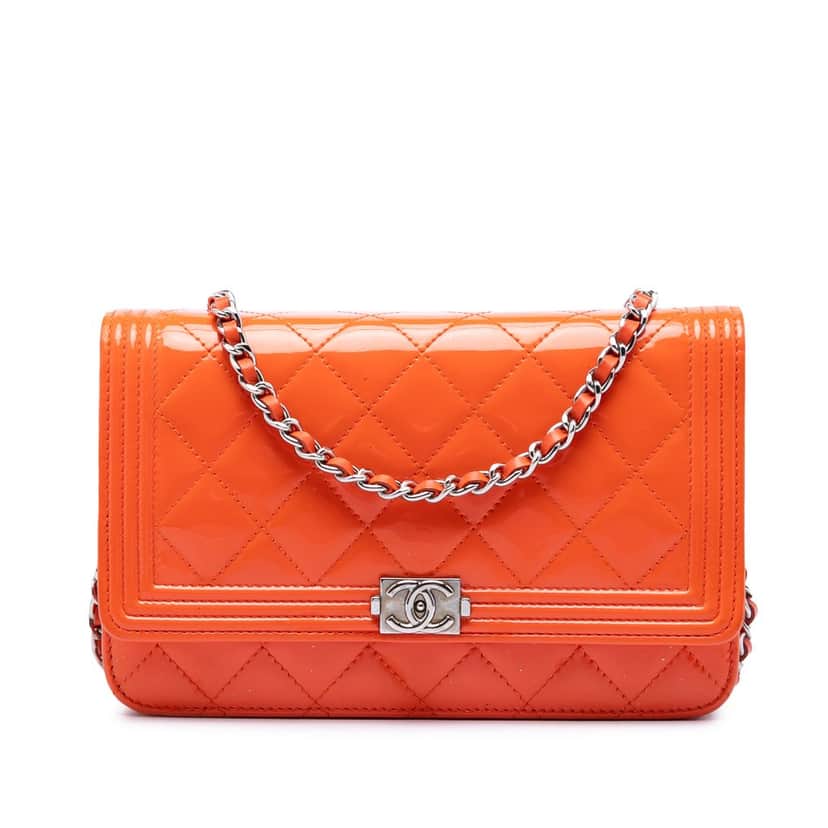 Chanel Quilted Patent Boy Wallet on Chain Orange Leather Very good condition - Front View