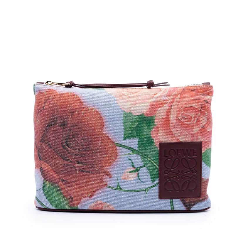 LOEWE Paulas Ibiza Canvas Rose Print Clutch Blue Very good condition - Front View