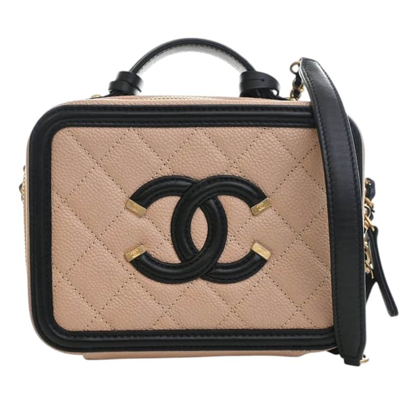 Chanel Small Caviar CC Filigree Vanity Case Beige Leather Very good condition - Front View