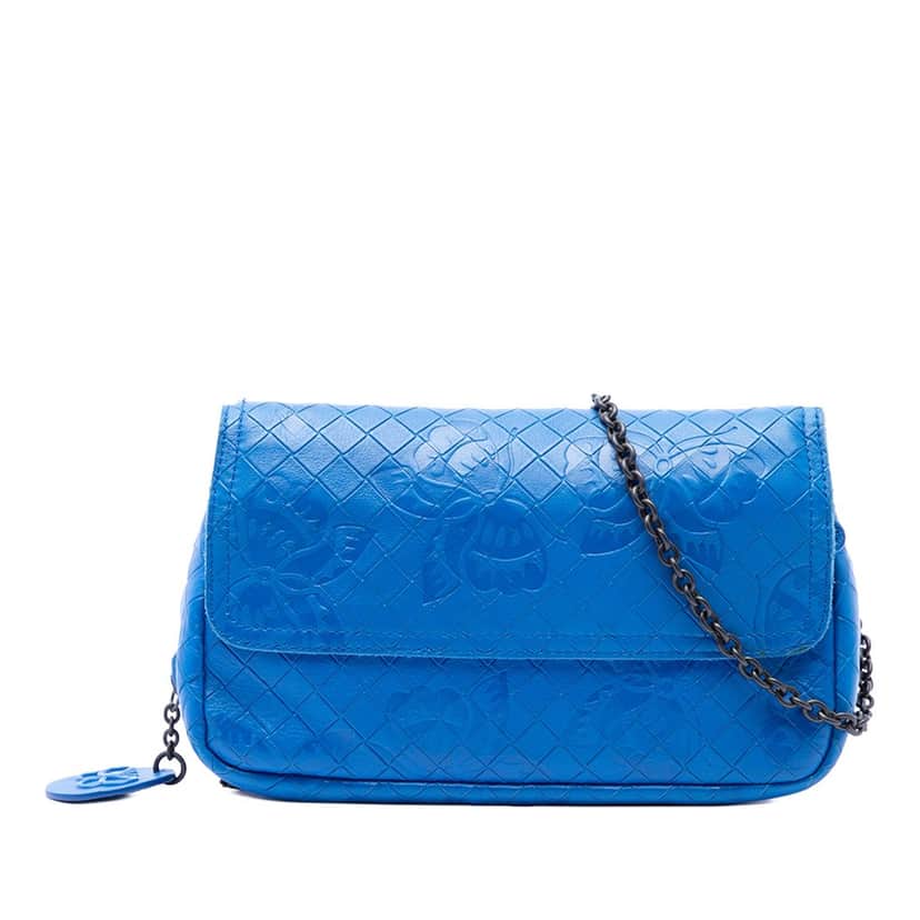 Bottega Veneta Small Calfskin Intrecciomirage Embossed Butterfly Chain Crossbody Blue Leather Very good condition - Front View