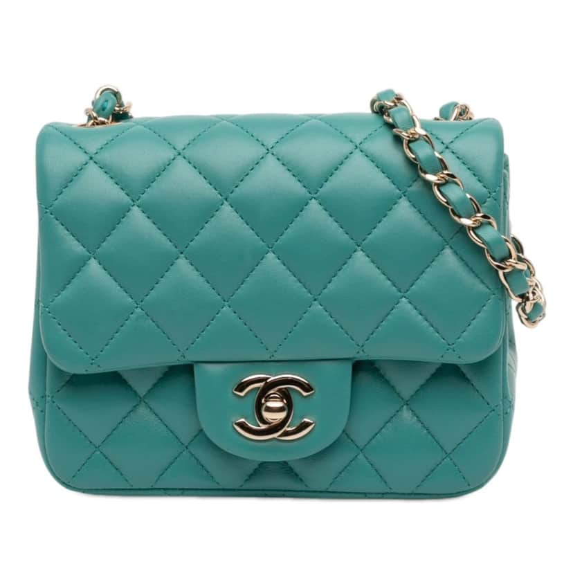 Chanel Mini Square Classic Lambskin Single Flap Green Leather Never worn - Front View