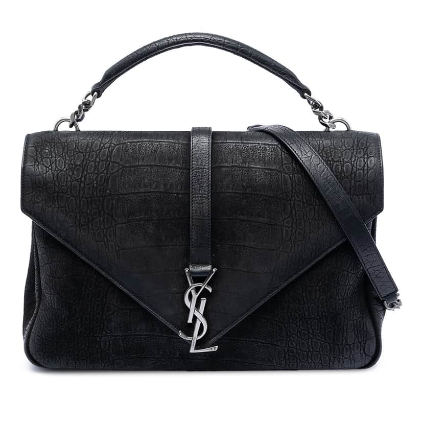 Saint Laurent Large Croc Embossed Nubuck Monogram College Satchel Black Leather Very good condition - Front View