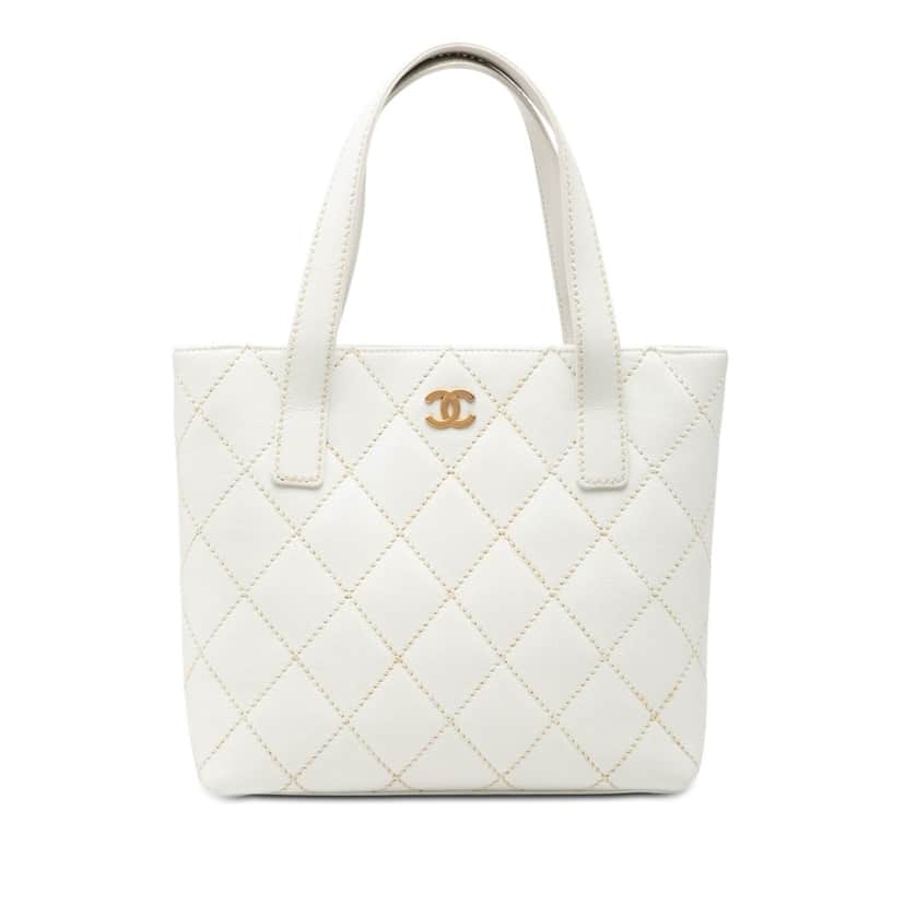 Chanel Small CC Quilted Calfskin Wild Stitch Tote White Leather Very good condition - Front View