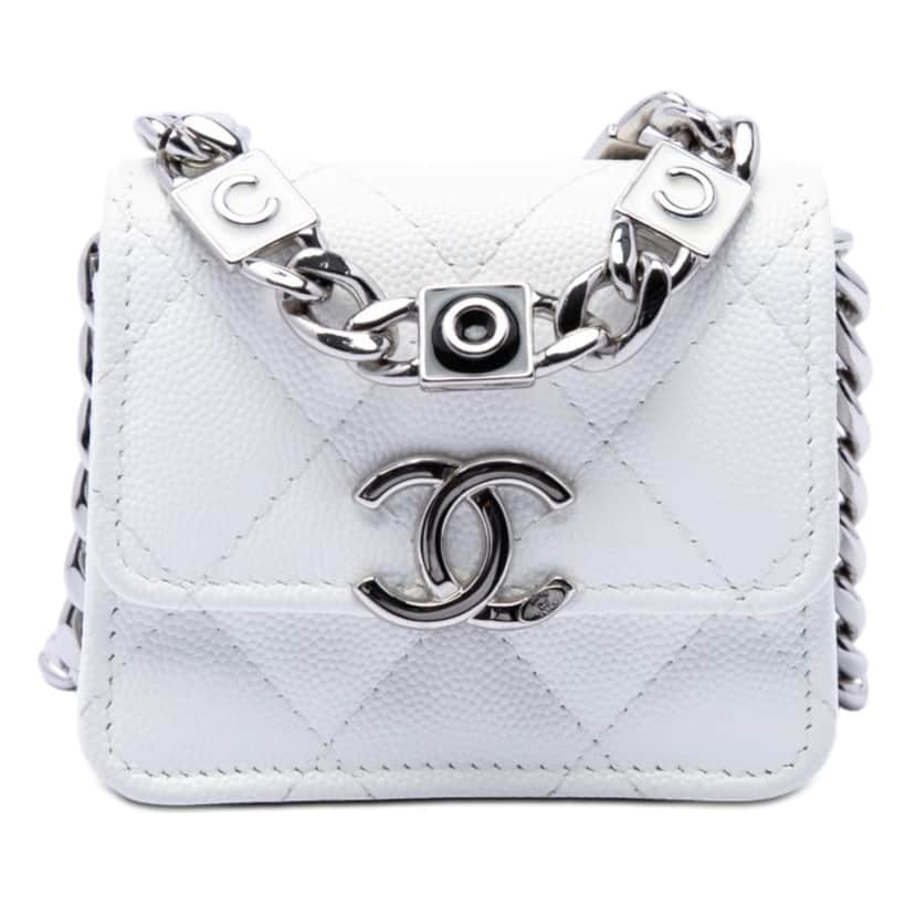Chanel Mini Quilted Caviar Coco Enamel Strap Flap Clutch with Chain White Leather Very good condition - Front View