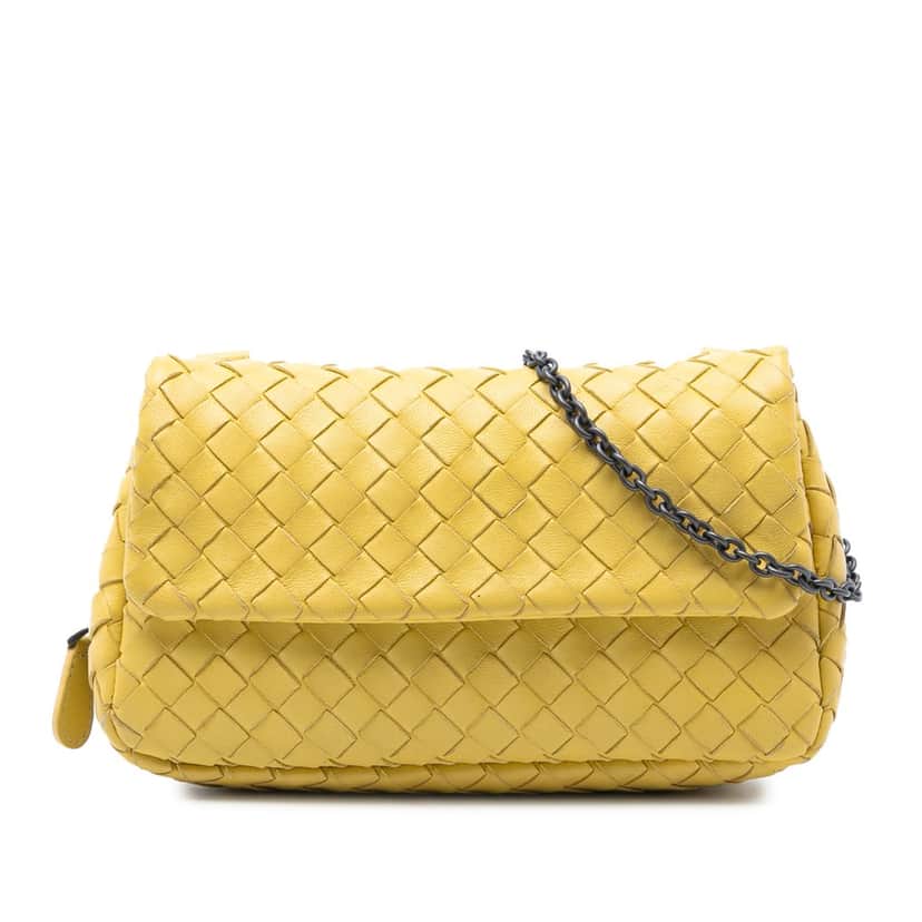 Bottega Veneta Mini Nappa Intrecciato Expandable Chain Flap Crossbody Yellow Leather Very good condition - Front View