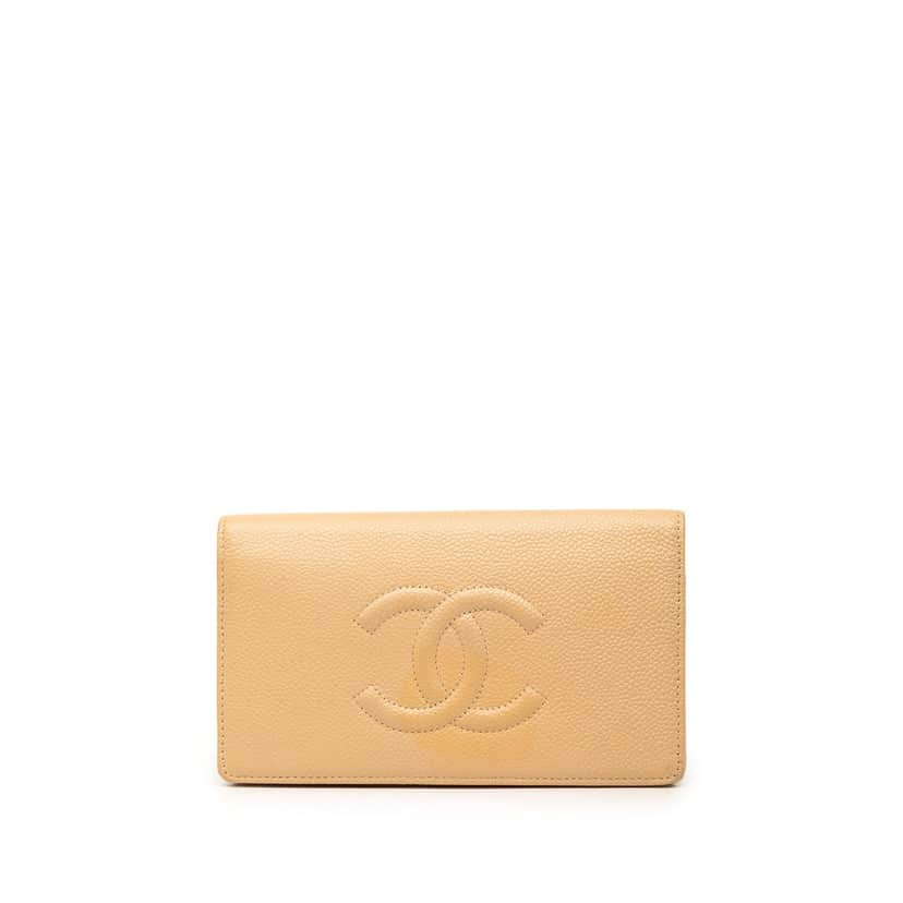 Chanel CC Caviar Bifold Long Wallet Beige Leather Very good condition - Front View