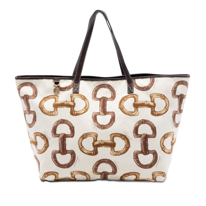Gucci Printed Canvas Bamboo Horsebit Tote White Very good condition - Front View
