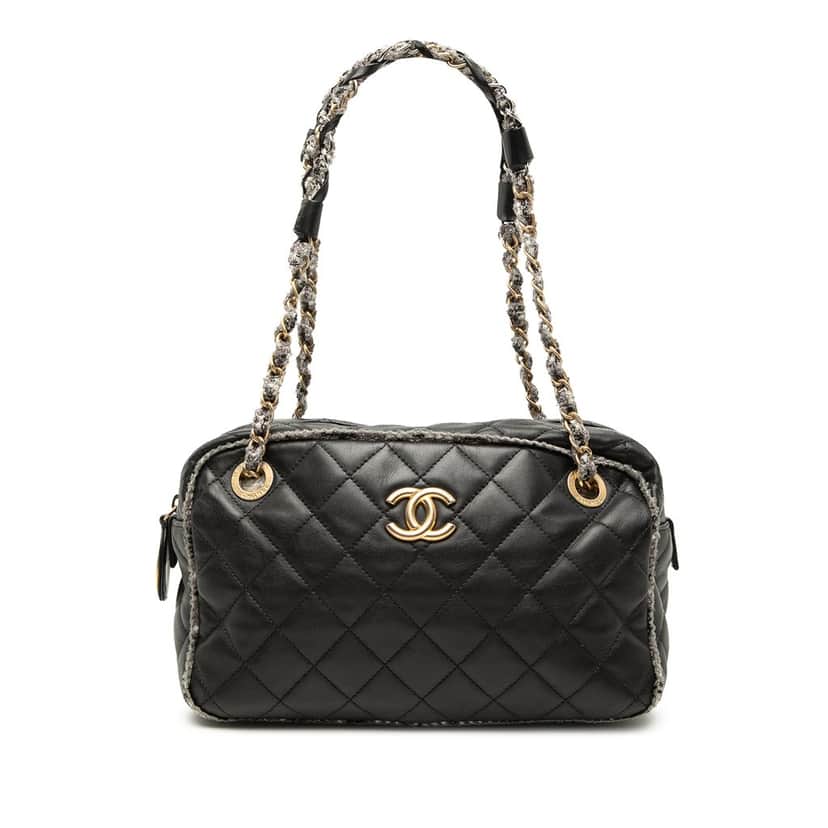 Chanel CC Quilted Lambskin Tweedy Bowler Bag Black Leather Very good condition - Front View