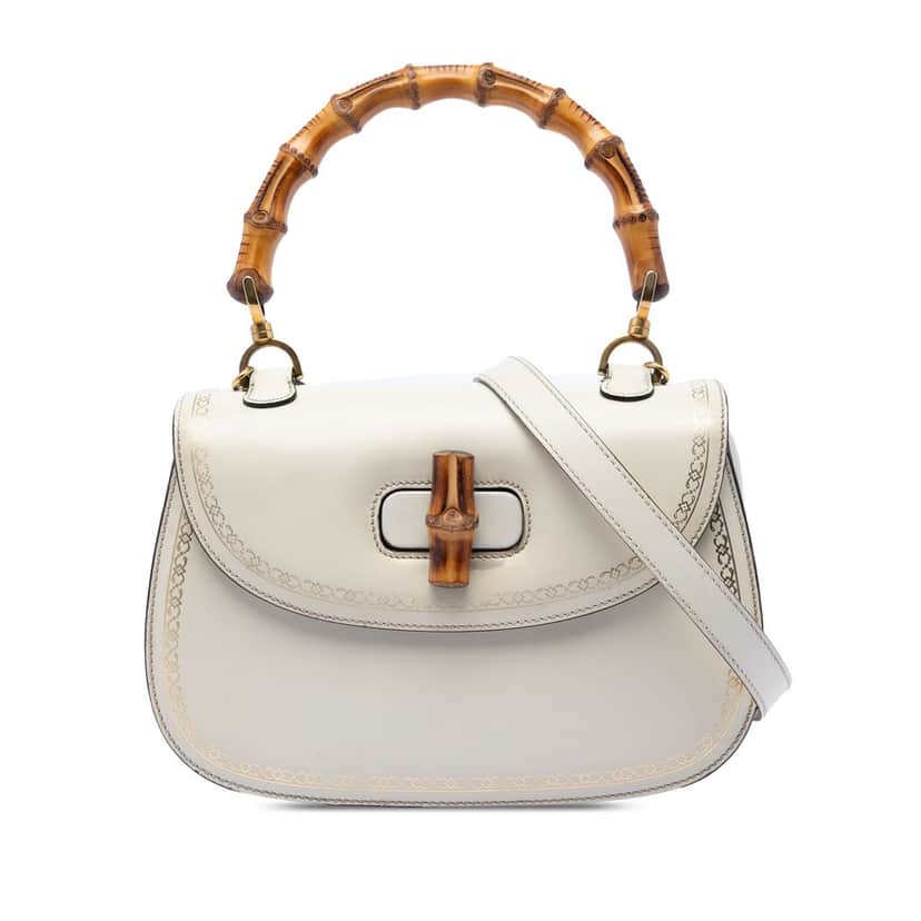 Gucci Calfskin Frame Print Bamboo Top Handle Bag White Leather Very good condition - Front View