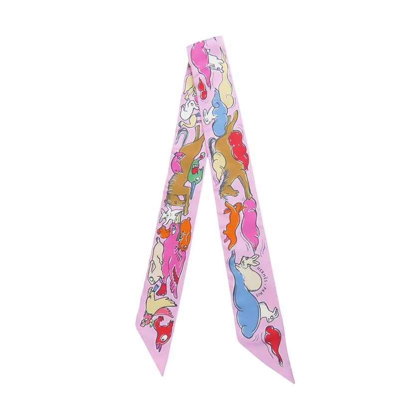 Hermès Mille Et Un Lapins Silk Twilly Scarf Pink Never worn - Front View
