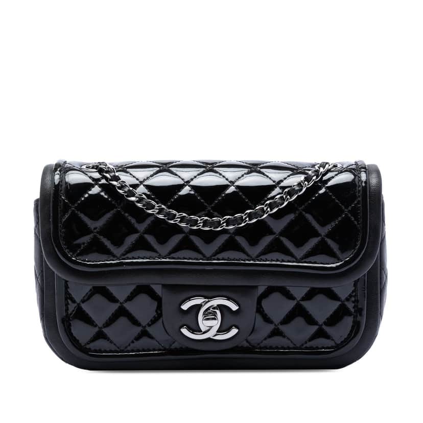 Chanel Small Quilted Patent and Lambskin Trimmed Classic Twist Flap Black Leather Very good condition - Front View