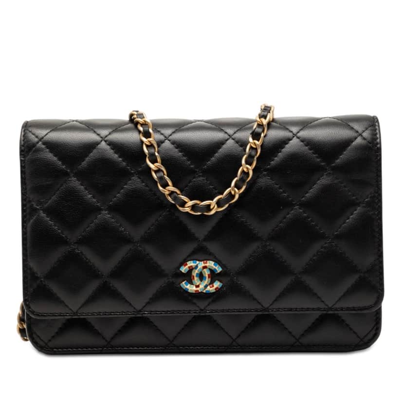 Chanel CC Quilted Lambskin Mosaic Wallet On Chain Black Leather Very good condition - Front View