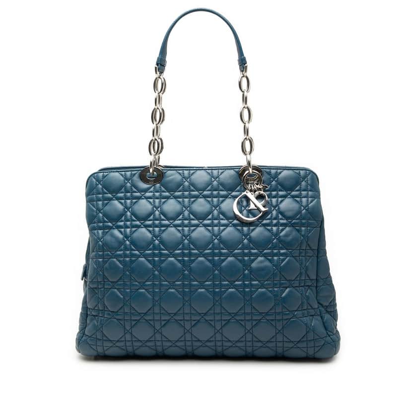 Dior Large Lambskin Cannage Soft Zipped Lady Dior Shopping Tote Blue Leather Very good condition - Front View