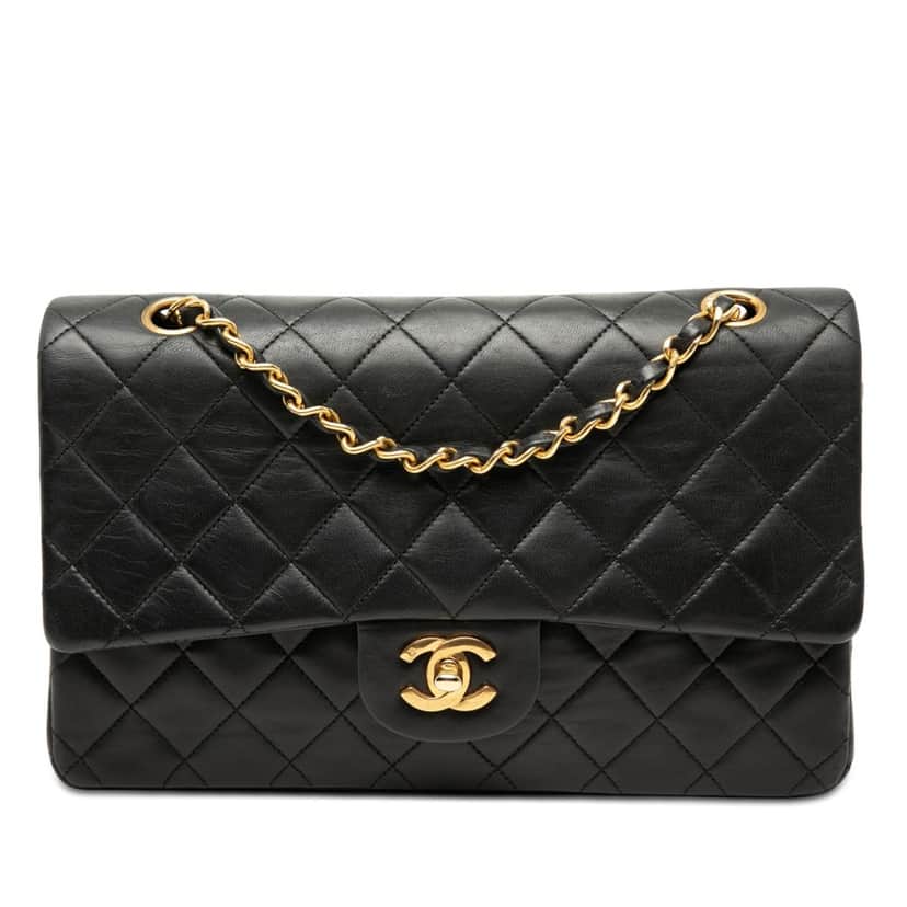 Chanel Medium Classic Lambskin Double Flap Black Leather Very good condition - Front View