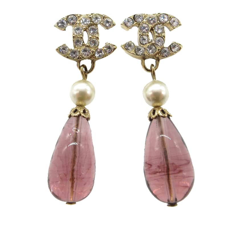Chanel CC Gold Plated Strass Faux Pearl Push Back Earrings Gold Metal Very good condition - Front View