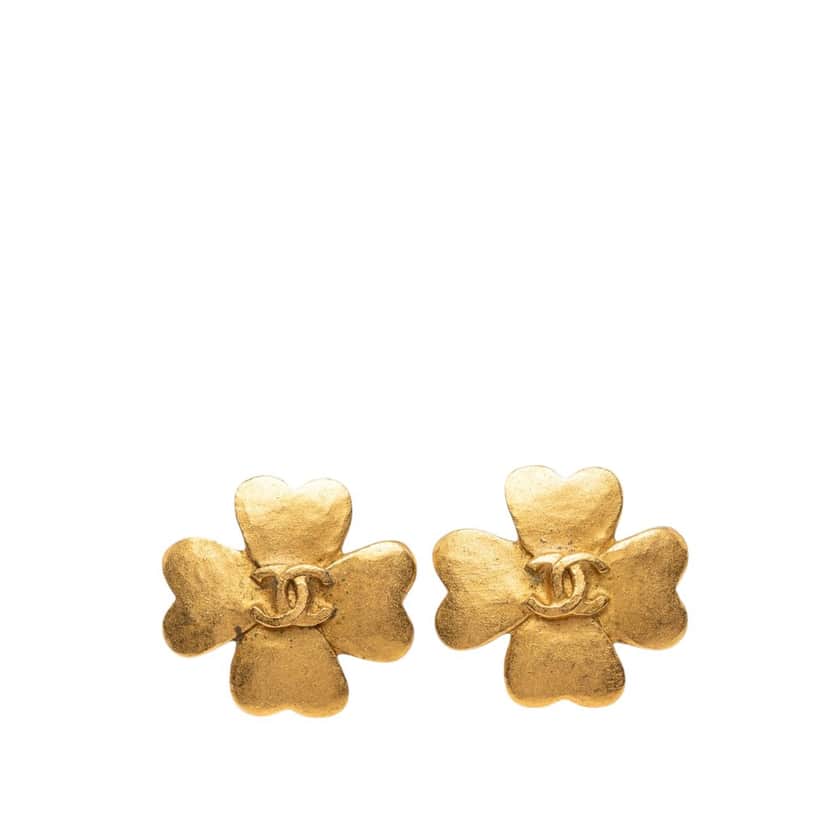 Chanel CC Gold Plated Clover Clip On Earrings Gold Metal Very good condition - Front View