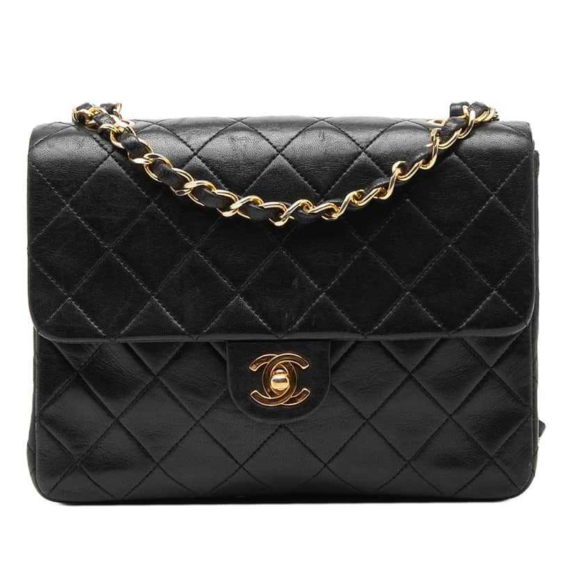 Chanel Small Square Quilted Lambskin Flap Black Leather Very good condition - Front View