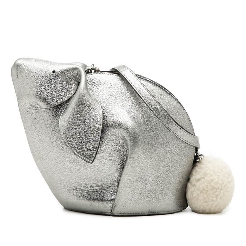LOEWE Mini Metallic Calfskin Shearling Bunny Crossbody Silver Leather Very good condition - Front View