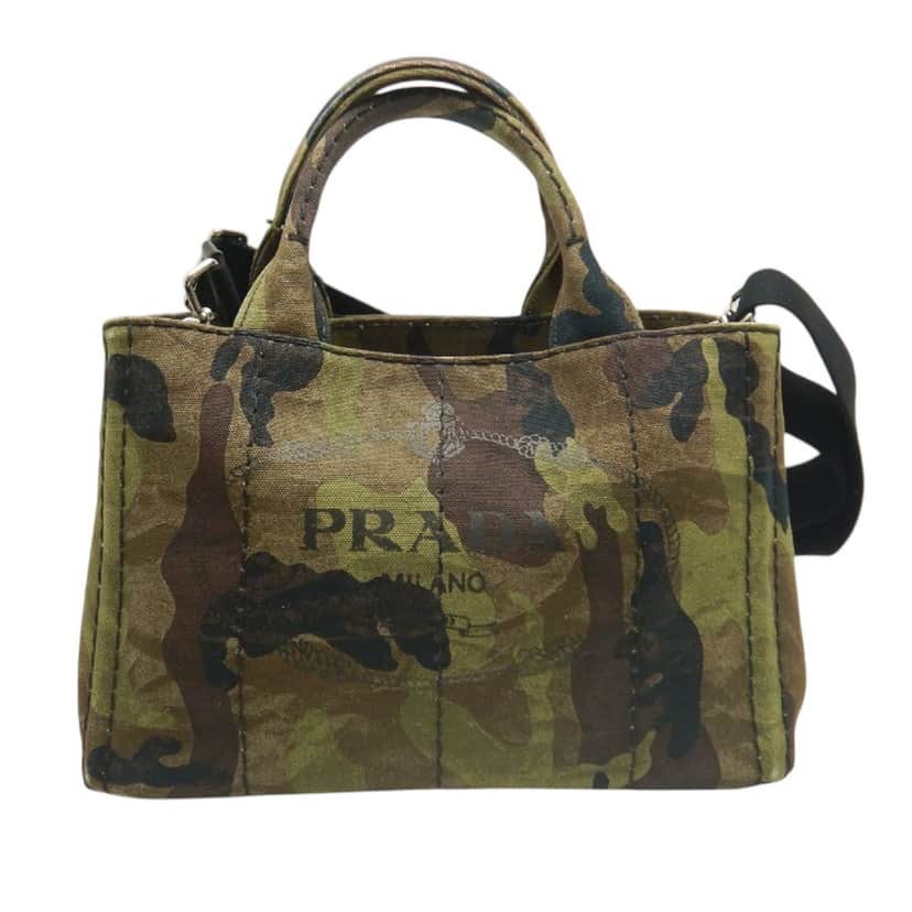 Prada Small Canvas Canapa Logo Camouflage Satchel Brown Very good condition - Front View