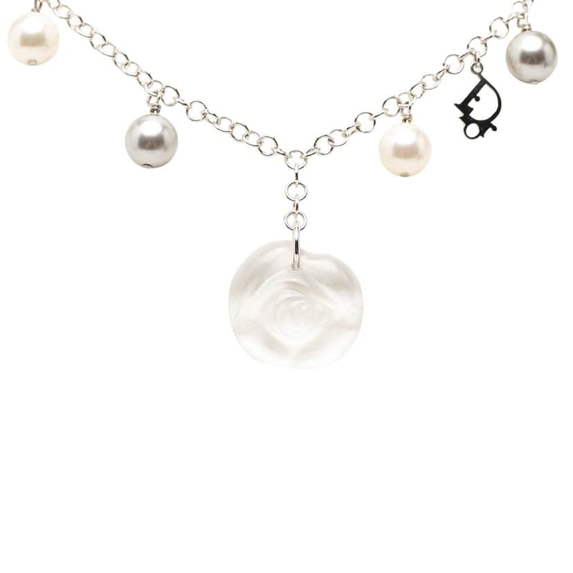 Dior Brass Faux Pearl Rose Pendant Necklace Silver Metal Very good condition - Front View