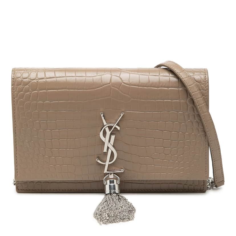 Saint Laurent Small Croc Embossed Leather Monogram Kate Tassel Wallet on Chain Brown Leather Very good condition - Front View