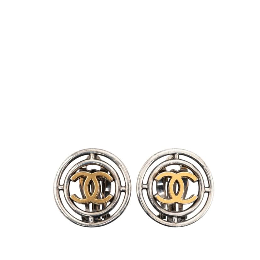 Chanel CC Brass Round Wheel Clip On Earrings Silver Metal Very good condition - Front View