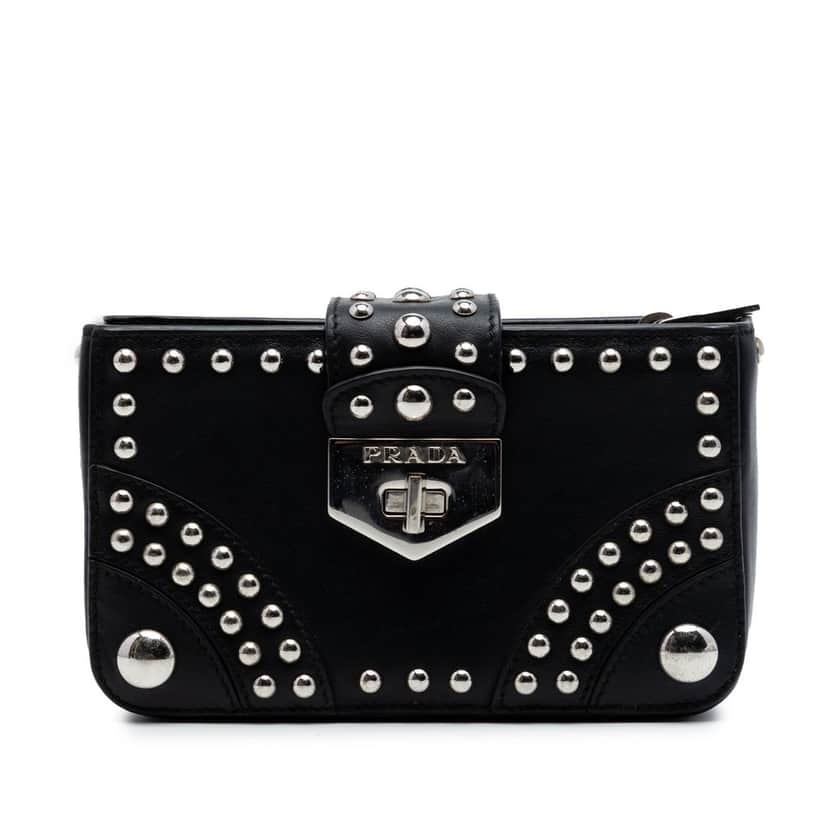 Prada City Calfskin Studded Elektra Turn Lock Clutch Black Leather Very good condition - Front View