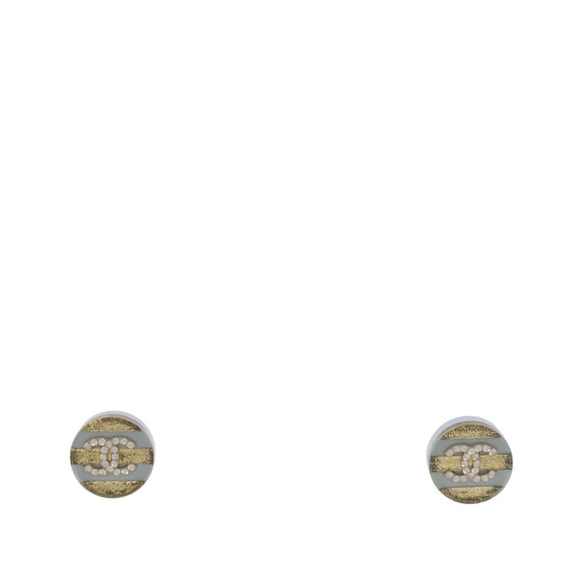 Chanel CC Gold Plated Resin and Strass Striped Push Back Earrings Gold Metal Very good condition - Front View