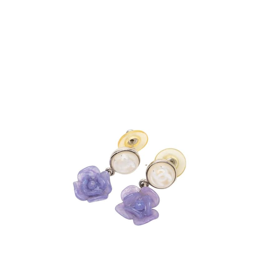 Chanel CC Brass and Resin Camellia Drop Push Back Earrings