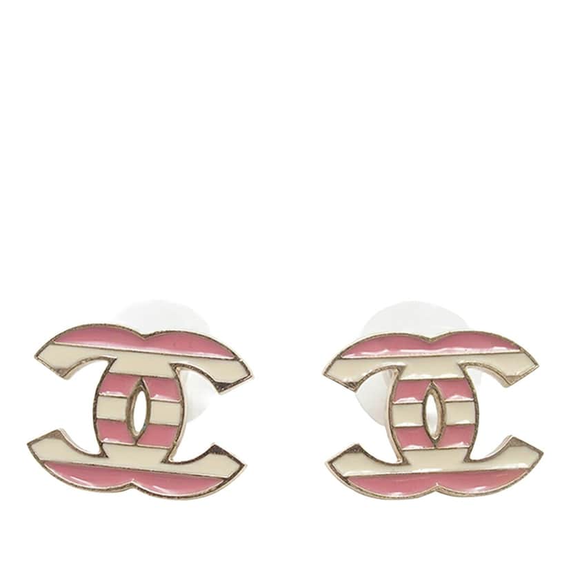 Chanel CC Brass Enamel Striped Earrings Pink Very good condition - Front View