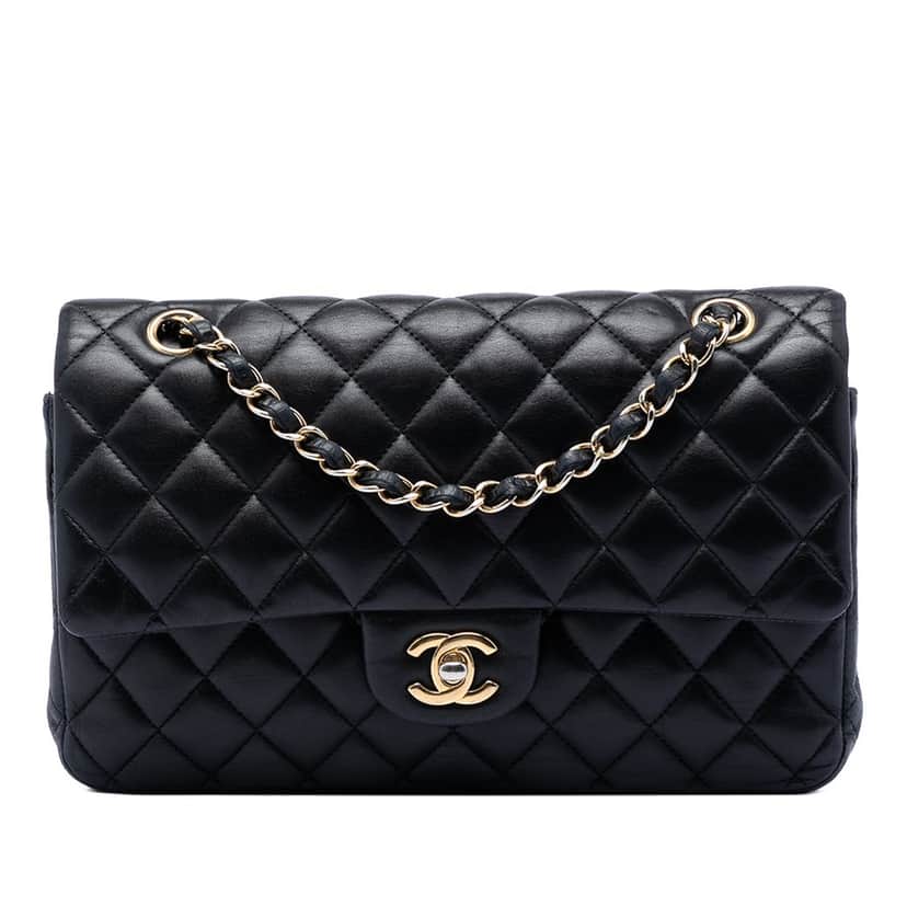 Chanel Medium Classic Lambskin Double Flap Black Leather Very good condition - Front View