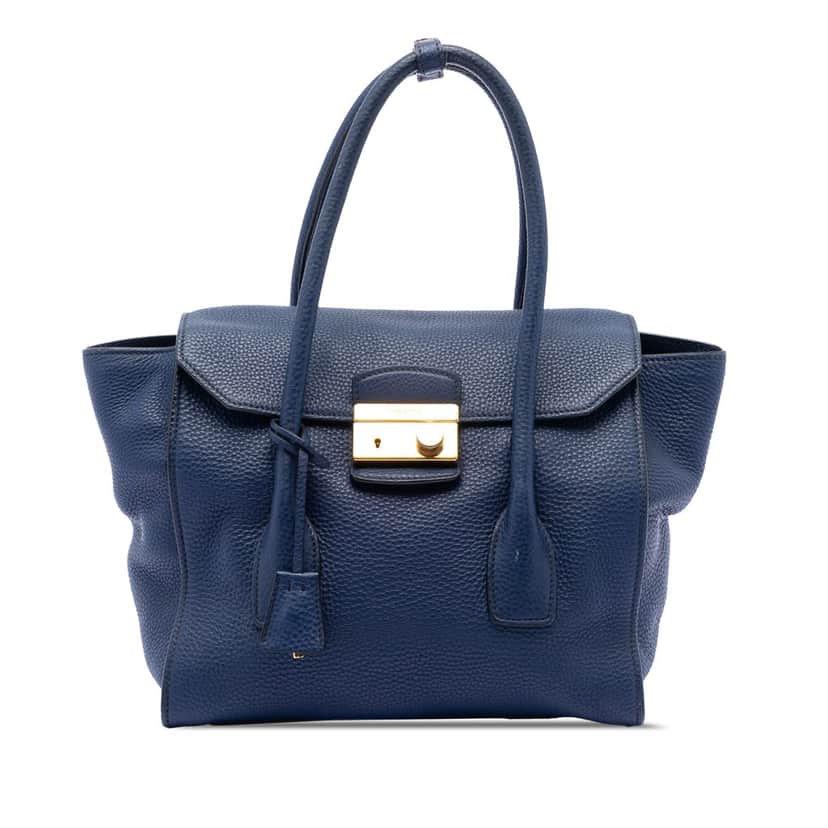 Prada Vitello Daino Sound Lock Satchel Blue Leather Very good condition - Front View