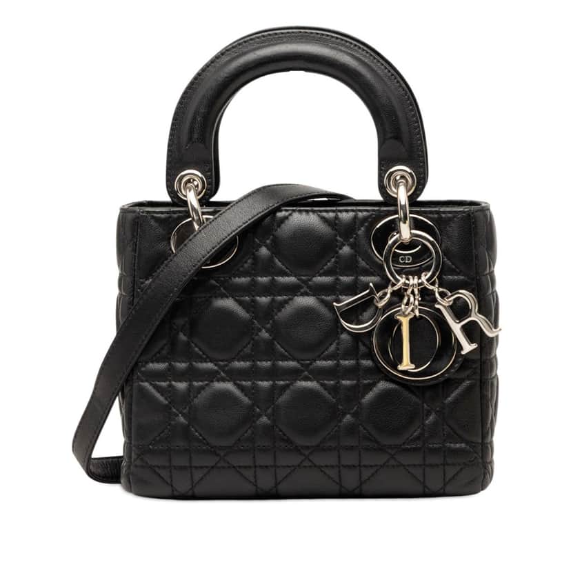Dior Mini Lambskin Cannage Lady Dior Black Leather Very good condition - Front View