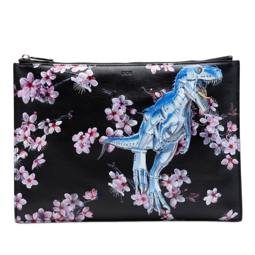 Dior Hajime Sorayama Calfskin Cherry Blossom Dinosaur Print Zip Pouch Black Leather Very good condition - Front View