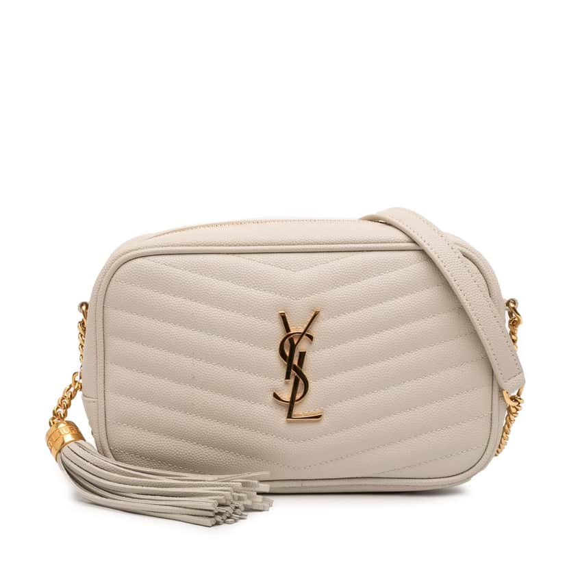 Saint Laurent Mini Grain de Poudre Monogram Lou Tassel Camera Bag White Leather Very good condition - Front View