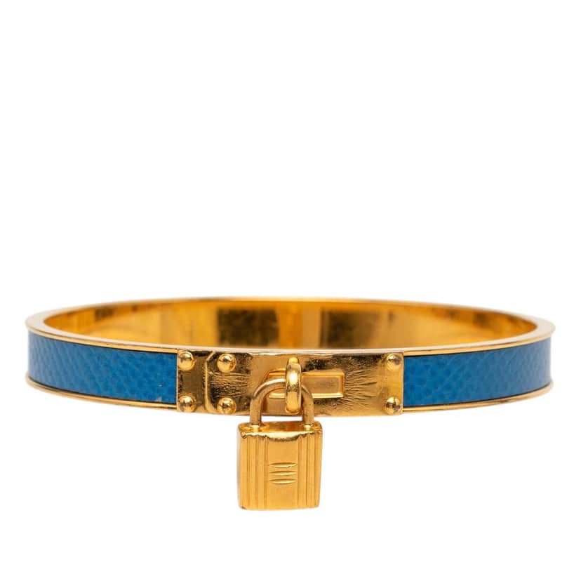 Hermès Gold Plated Courchevel Kelly Cadena Lock Bangle Bracelet Blue Leather Very good condition - Front View