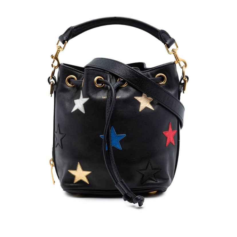Saint Laurent Small Calfskin Star Patchwork Emmanuelle Bucket Bag Black Leather Very good condition - Front View