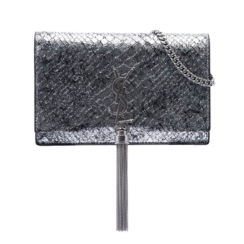 Saint Laurent Python Embossed Metallic Leather Classic Monogram Kate Tassel Wallet on Chain Silver Leather Very good condition - Front View