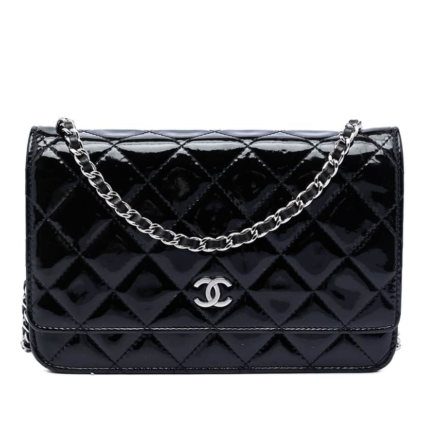 Chanel CC Quilted Patent Wallet On Chain Black Leather Very good condition - Front View