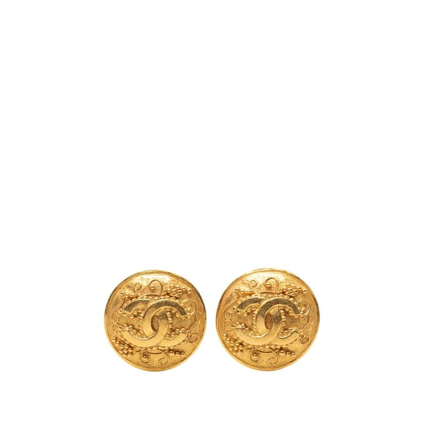 Chanel CC Gold Plated Grapevine Round Clip On Earrings Gold Metal Very good condition - Front View