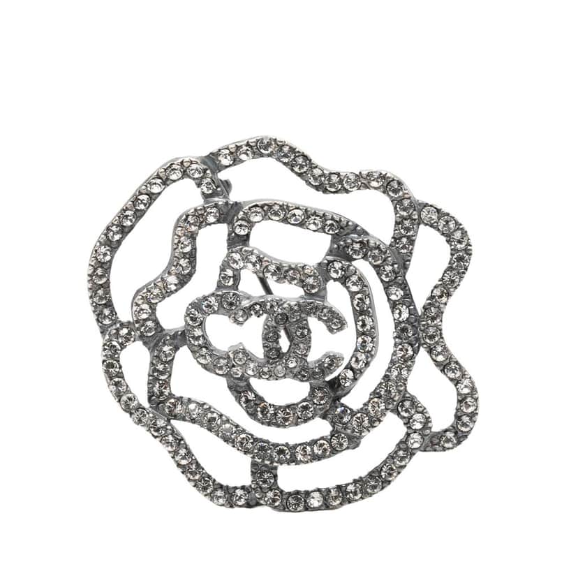 Chanel Brass and Strass Camelia Pin Brooch Silver Metal Very good condition - Front View