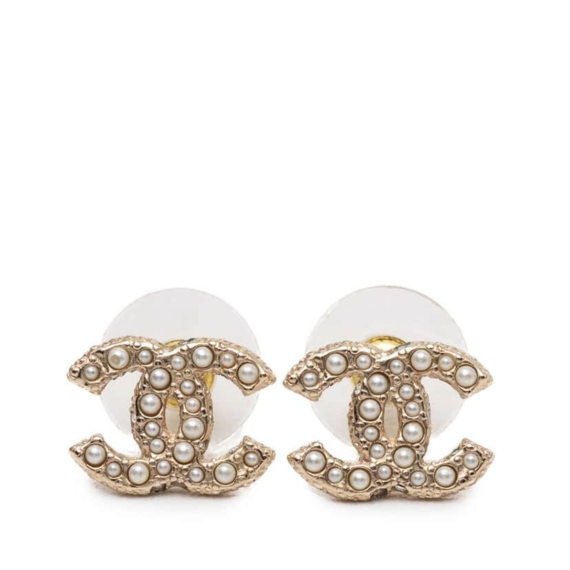 Chanel CC Gold Plated Faux Pearl Strass Bullet Backs Earrings Gold Metal Very good condition - Front View